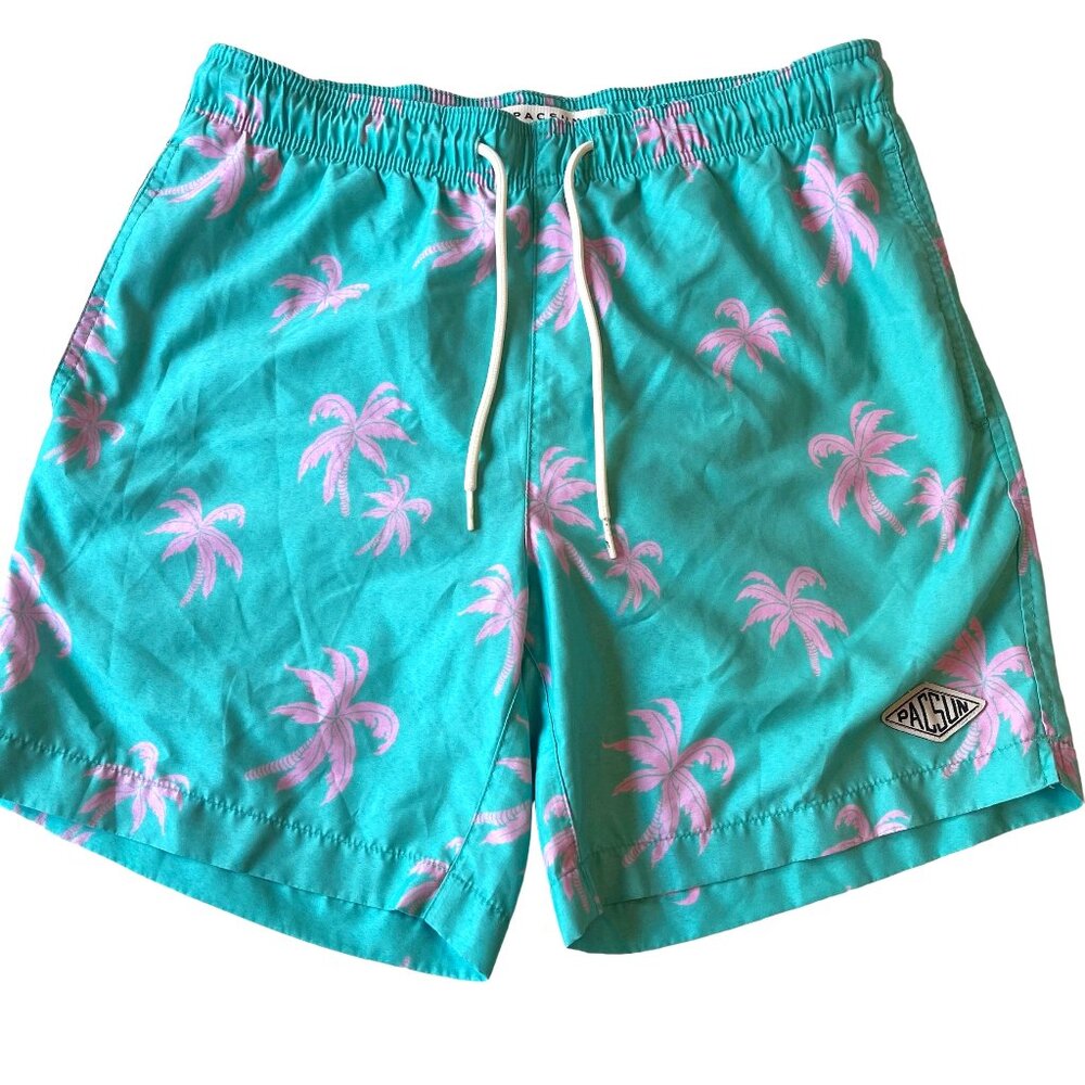 PacSun teal swim trunks palm trees Size Small